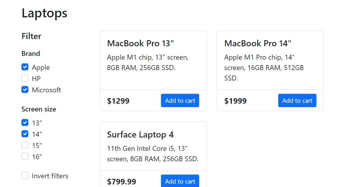 The e-commerce laptop list filtered to show only 13 or 14-inch Apple or Microsoft laptops.