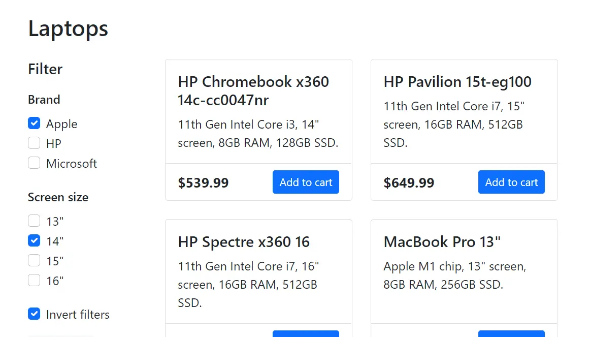 The e-commerce laptop list filtered to show all but the 13-inch laptops.